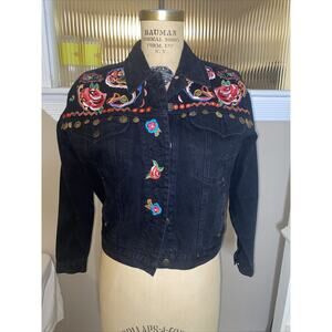 Carole Little Vintage Black Denim Embroidered Jacket Size 2